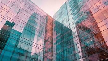 Futuristic glass skyscraper reflects modern city life generated by AI photo