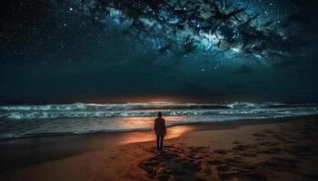 silueta caminando en arena, admirativo lechoso camino generado por ai foto