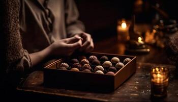 Hand holding homemade dark chocolate truffle box generated by AI photo