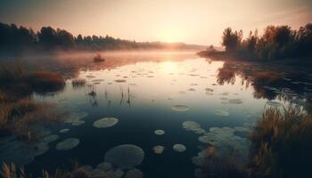 Tranquil scene at waters edge, nature beauty generated by AI photo