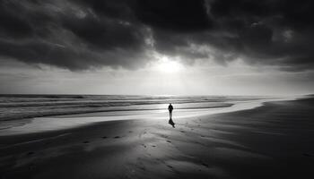 silueta caminando en sereno playa a oscuridad generado por ai foto