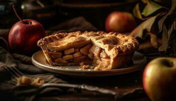 Freshly baked apple pie on rustic wooden table generated by AI photo