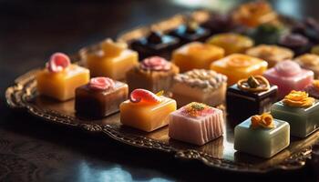 Variety of sweet treats on colorful plate generated by AI photo