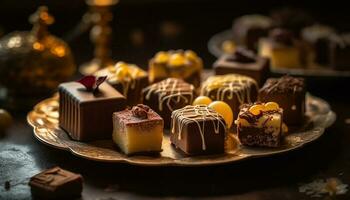 Indulgent chocolate truffle plate, gourmet variety snack generated by AI photo