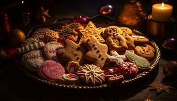 Homemade gingerbread cookies decorate the festive table generated by AI photo