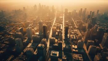 Glowing skyscrapers illuminate the futuristic cityscape at dusk generated by AI photo