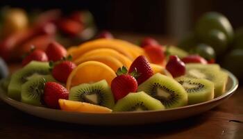 Fresh fruit salad with ripe berries and kiwi generated by AI photo