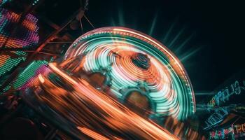 Spinning wheel ignites vibrant city nightlife excitement generated by AI photo