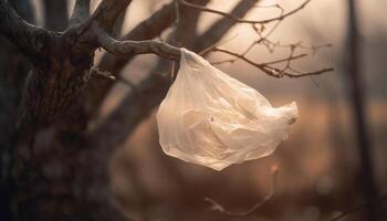 Plastic bag pollutes nature, harms environment generated by AI photo