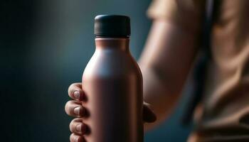 Caucasian hand holding glass bottle of fresh water generated by AI photo