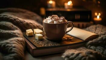 Cozy bedroom with hot chocolate and book generated by AI photo