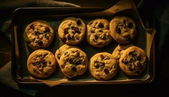 Freshly baked chocolate chip cookies on rustic tray generated by AI photo