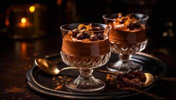 Dark chocolate dessert on rustic wooden table generated by AI photo