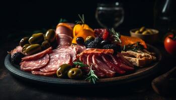 Rustic prosciutto plate with smoked meat variation generated by AI photo