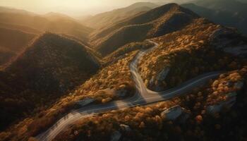 Autumn sunset on mountain range, aerial view generated by AI photo