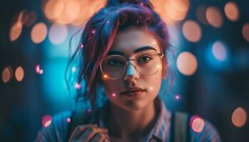 Young woman smiling, illuminated by Christmas lights generated by AI photo