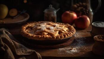 Freshly baked apple pie on rustic wood table generated by AI photo