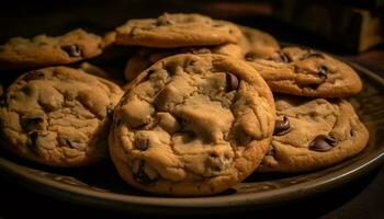 Freshly baked chocolate chip cookies on rustic table generated by AI photo