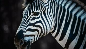 Striped zebra in Africa nature, close up portrait generated by AI photo