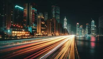 Glowing city skyline ignites vibrant night traffic generated by AI photo