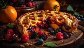 Freshly baked berry pie on rustic wooden table generated by AI photo