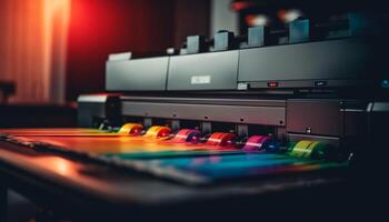 Illuminated turntable on table in nightclub performance space generated by AI photo