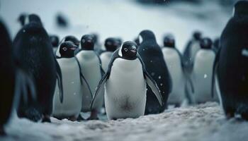 grupo de pingüinos anadeando en congelado hielo generativo ai foto