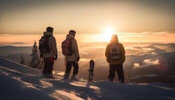 Men and women hiking mountain range together photo