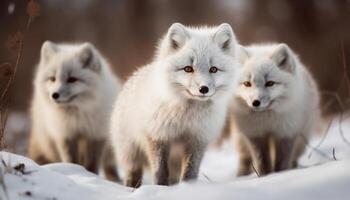 Fluffy red fox and puppy in snow photo