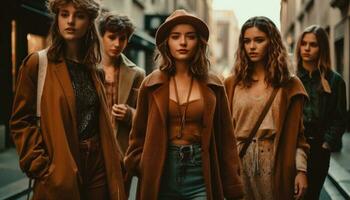 joven adultos caminando en el ciudad, de moda elegancia generativo ai foto