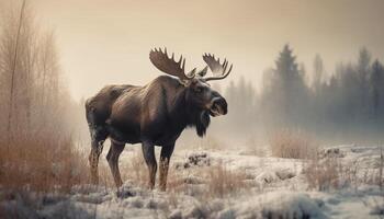 Horned elk grazes in snowy Alberta meadow generative AI photo