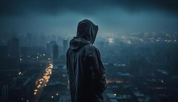 Hooded thief walking in the dark city generated by AI photo