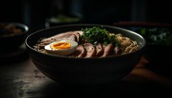 sano comida de A la parrilla Cerdo y vegetales generado por ai foto