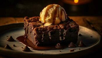 Indulgent homemade chocolate fudge cake on rustic wood generated by AI photo