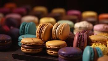 Multi colored macaroons stacked on a pink biscuit generated by AI photo