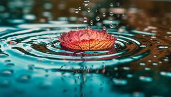 Reflection of wet lotus leaf in pond generated by AI photo