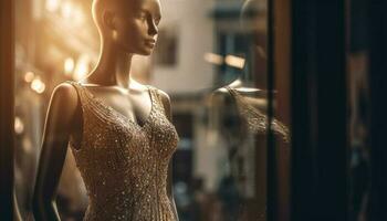 Young woman shopping for elegant clothing indoors generated by AI photo