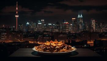 Gourmet meal on city skyline, no people generated by AI photo