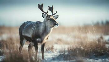 Horned stag stands in snow covered meadow generated by AI photo