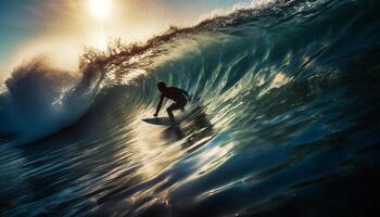 Muscular athlete balances on surfboard, spraying liquid generated by AI photo