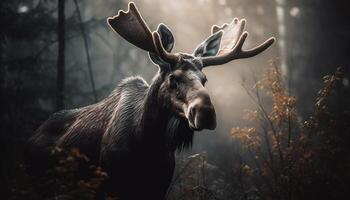 Horned stag grazes in tranquil wilderness meadow generated by AI photo