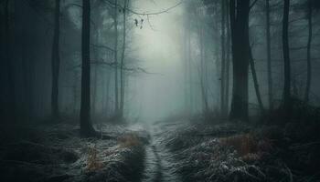 Spooky forest, mystery in nature tranquil scene generated by AI photo