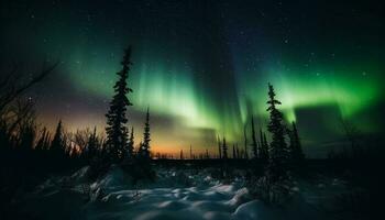 Glowing star trail illuminates majestic winter landscape generated by AI photo