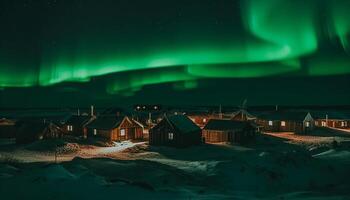 iluminado ártico paisaje, majestuoso montaña rango, Aurora estrella polar generado por ai foto