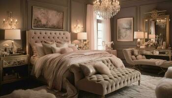 Luxury modern bedroom with comfortable bedding and lighting generated by AI photo