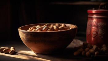 Nutty snacks in wooden bowl, healthy refreshment generative AI photo