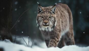 nieve leopardo acechando, feroz belleza en naturaleza generado por ai foto