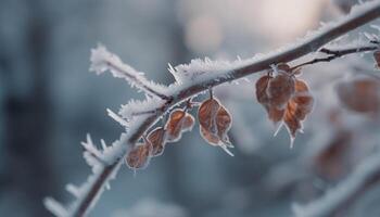 escarchado rama con copo de nieve modelo en invierno generado por ai foto