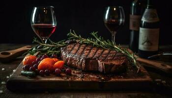 Grilled steak on rustic wood table, ready to eat generated by AI photo