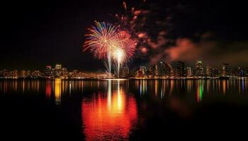 Vancouver skyline explodes with vibrant fireworks display generated by AI photo